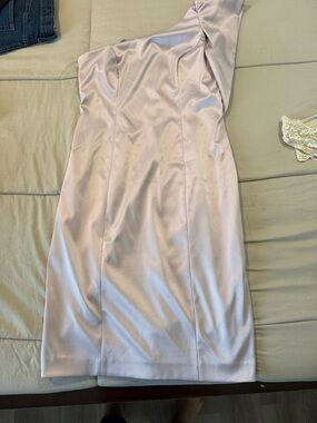 Eliza J One-Shoulder Satin Sheath Dress in Pale Pink